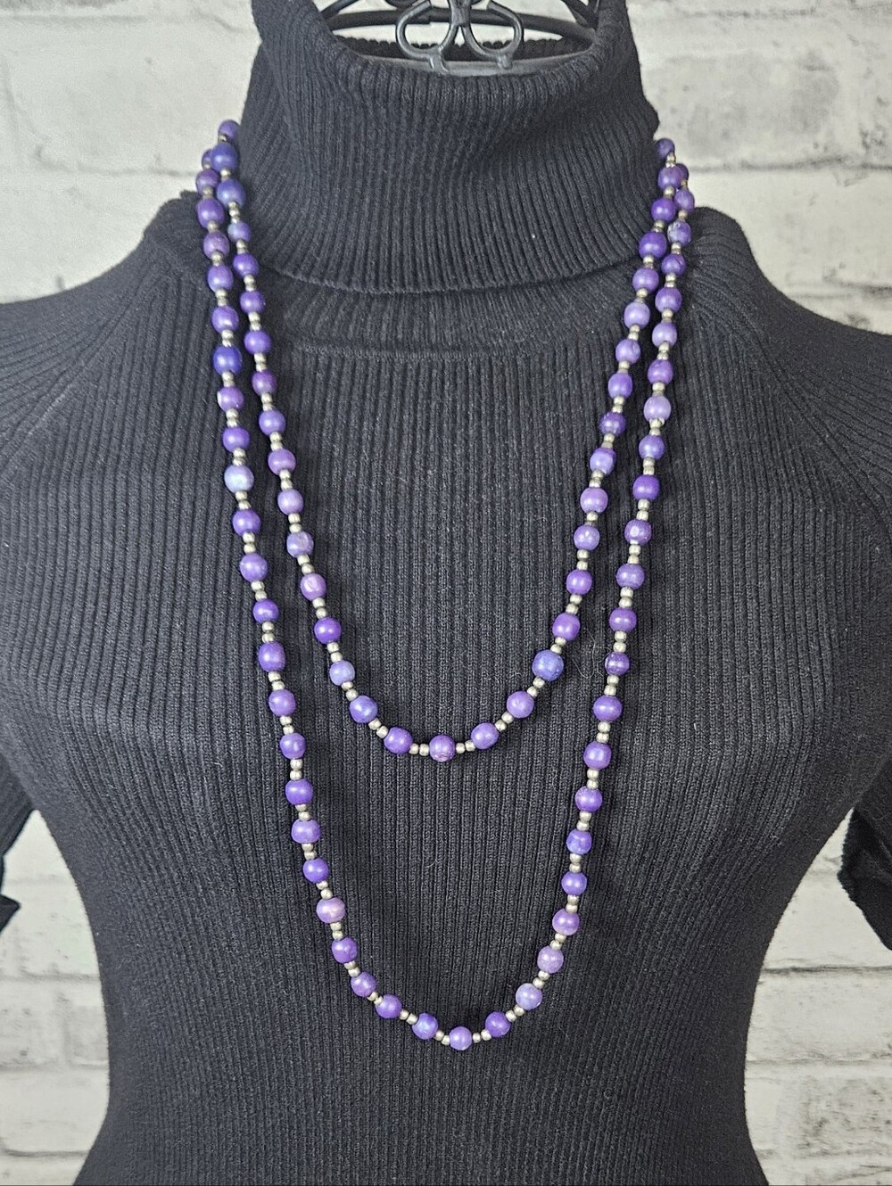 Purple Beaded Long Layered Necklace Silver Tone Boho Statement Jewelry